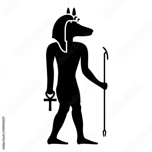 Anubis deity with jackal head ancient Egyptian god holds staff and anch cross silhouette mythical icon black color vector illustration image flat style