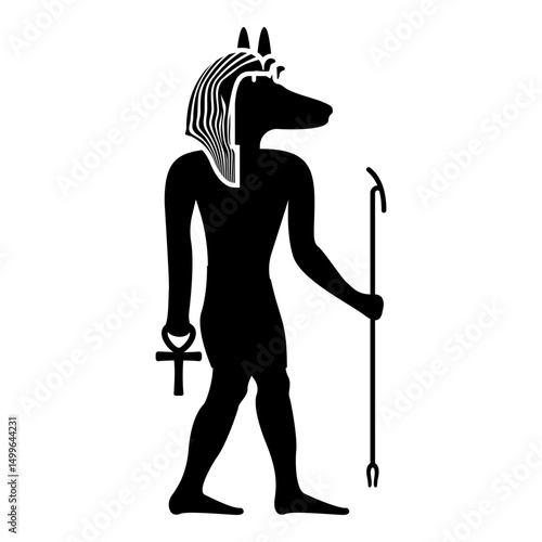 Anubis deity with jackal head ancient Egyptian god holds staff and anch cross silhouette mythical icon black color vector illustration image flat style