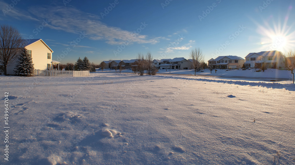 Fototapeta premium Winter Morning on Suburban Land with Fresh Snowfall, Pristine White Blanket, Sunlight Casting Long Shadows
