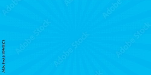Comic background. Pop art texture. Starburst cartoon style. Anime design with explosion effect for print. Fun dot pattern. Blue backdrop with halftone gradient. Funny line frame