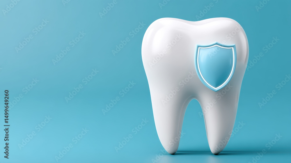 Healthy tooth with shield symbol represents fluoride treatment for strong dental protection and care on blue background Healthy tooth with shield symbol represents fluoride treatment for strong dental protection and care on blue background