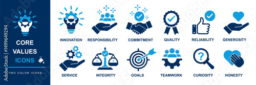 core value icons set including commitment, innovation, responsibility, goal, target, quality, teamwork, service etc. eps icons set