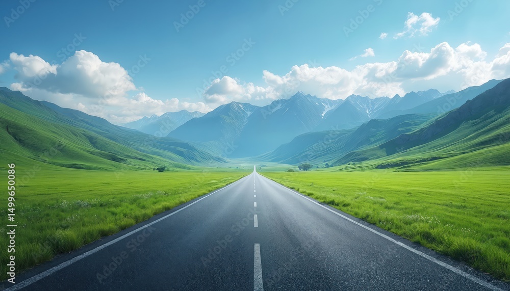 Naklejka premium Empty asphalt road leads between green fields mountains. Under blue sky with fluffy white clouds. Scenic landscape. Trip, travel, journey concept. Nature, travel, freedom, tourism background.