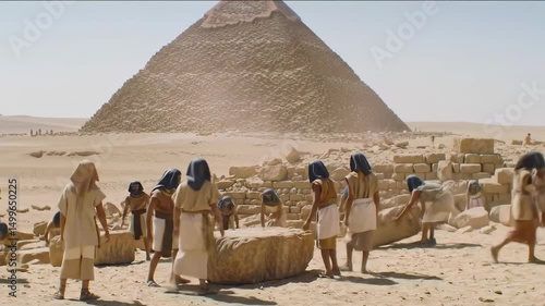 Ancient egyptian workers and pyramid