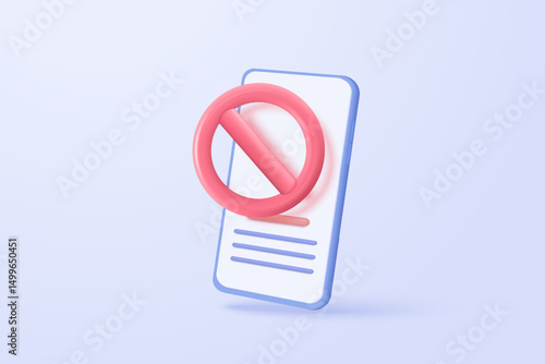 3D vector social media with video and photo gallery on mobile phone with stop icon. no entry, problem, fail warning on application, alert for todo checklist. 3d article icon vector render illustration