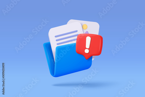 3d folder and paper for management multimedia file. document file work on project plan. no entry, problem, fail warning. Image and video document folder. 3d icon vector render illustration