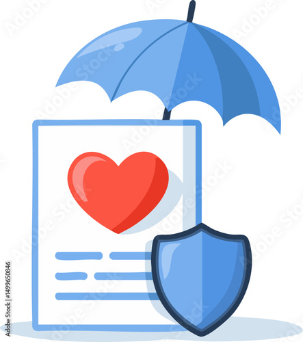 Comprehensive Health Insurance Coverage: Flat Vector Illustration Featuring Heart Symbol, Blue Umbrella, and Shield Representing Security and Care