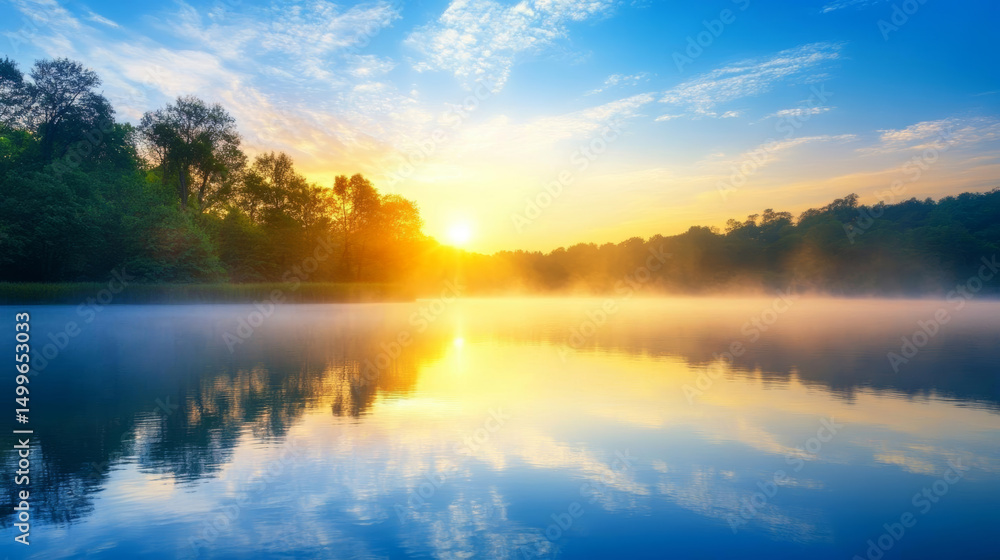 Fototapeta premium Sunrise over tranquil lake with mist and vibrant sky reflecting on water