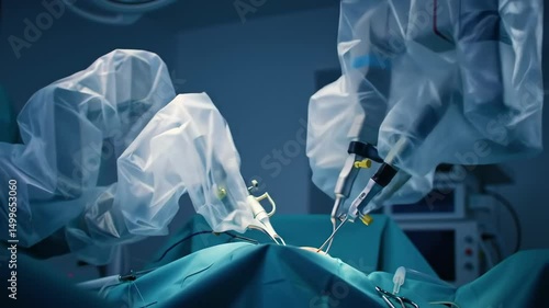Robotic surgery system performing operation with surgical instruments visible
