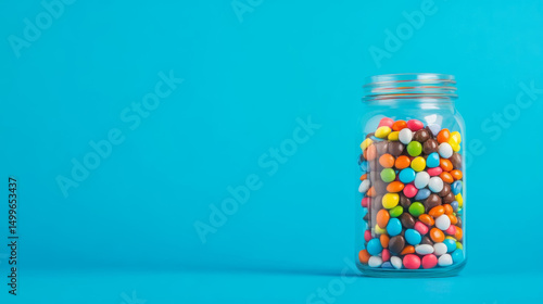 Colorful candy jar filled with vibrant sweets against bright blue background