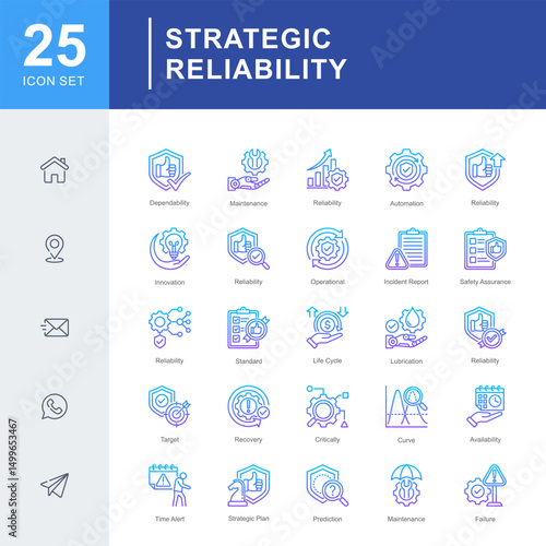Strategic Reliability icon set for reliability management covering maintenance, dependability, failure prevention, and strategic planning in industrial and operational systems.