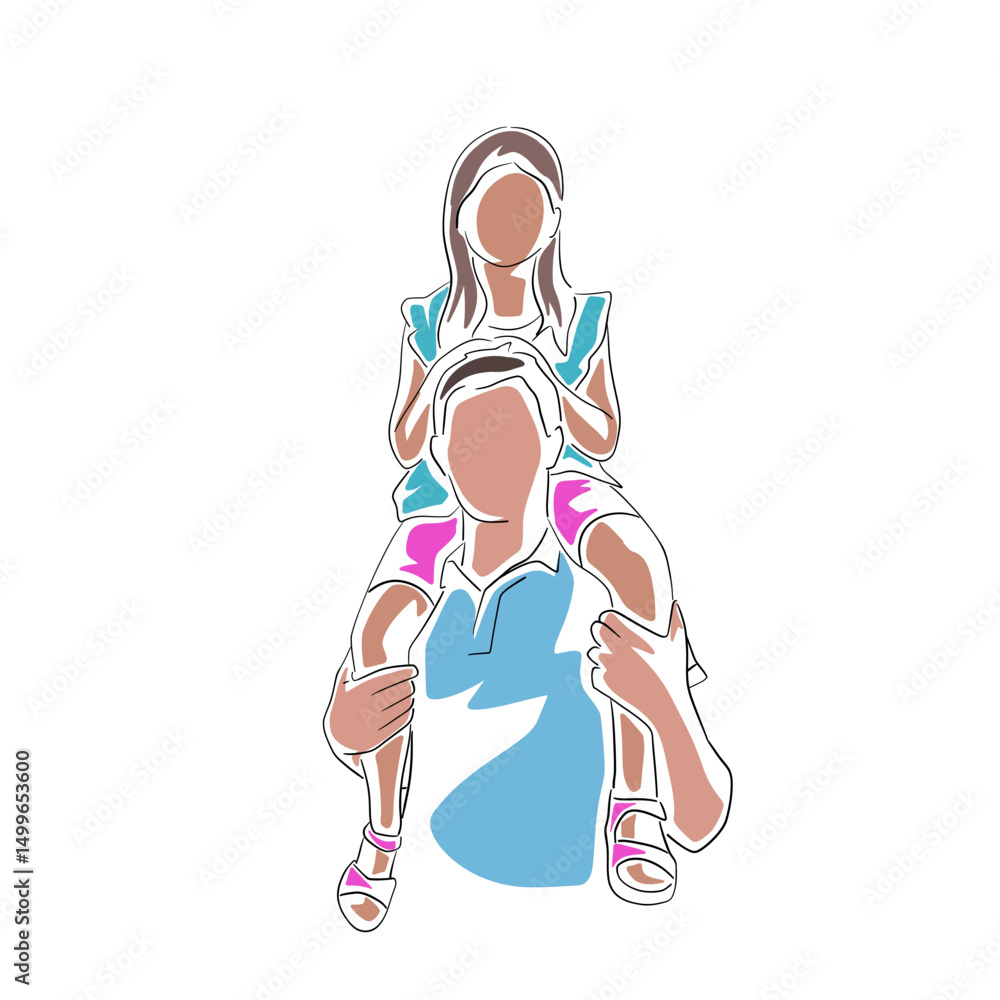 Father Carrying Daughter On Shoulders, isolated flat design vector illustration