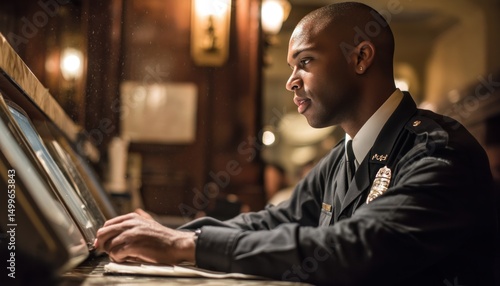 Police officer working on computer in grand central terminal, new york city