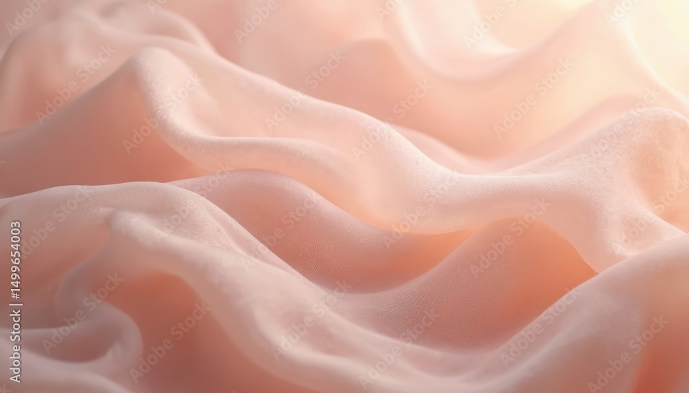 Fototapeta premium Soft peach-colored fabric with delicate texture. The smooth cloth gently folds, creating elegant minimalist backdrop. Gentle waves. Perfect for beauty, fashion, wedding, design projects.