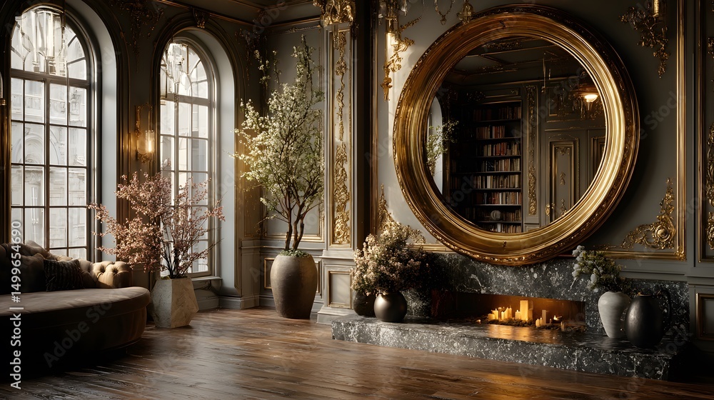 Fototapeta premium An intricately detailed antique round mirror with refined pastel hues set within a modern elegant decorative interior design that embodies sophistication and harmony.