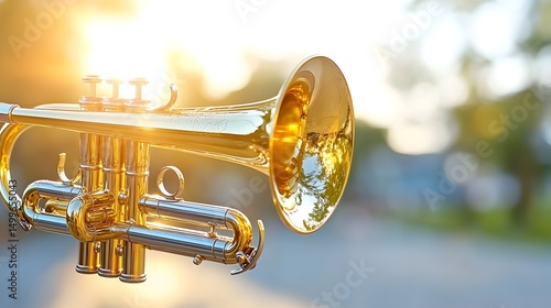 Golden trumpet bathed in warm sunlight, outdoors
