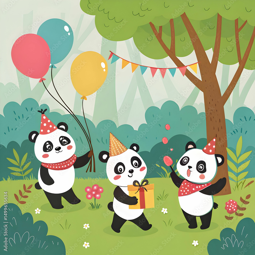 Naklejka premium Cute Cartoon Pandas Celebrating Birthday Party in Forest Setting