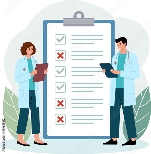 Illustration of Healthcare Checklist Doctors Reviewing Medical Checkup List for Patient Care