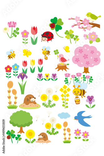 Vibrant Spring Nature Scene: Animals, Blossoms & Trees in Flat Cartoon Style for Educational Decor