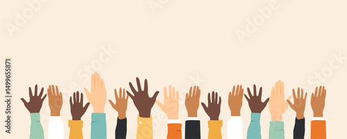 Raised hands. Volunteering, teamwork concert.
