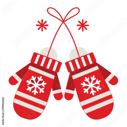 a pair of festive christmas mittens with red and white accents