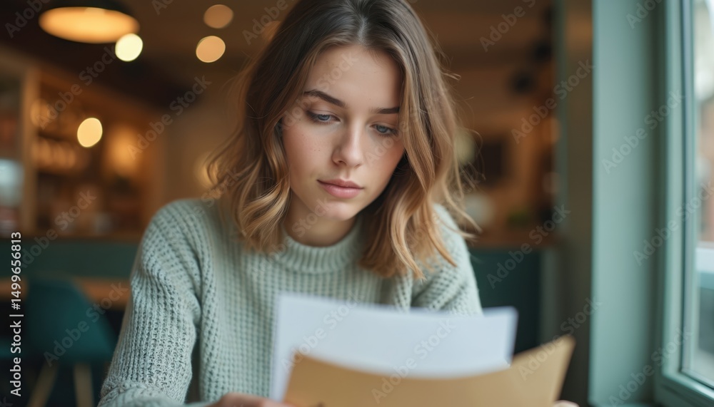 Fototapeta premium Young woman reads letter at cafe. Girl sits at table. Indoor portrait of female with mail, bank statement or test results. Person gets good news, feels joy, gets job offer or loan approval.