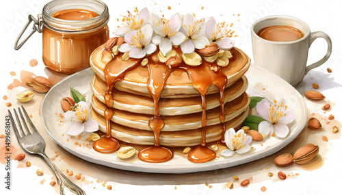 A tempting stack of pancakes, adorned with white flowers, nuts, and drizzled with syrup, served on a plate with a drink