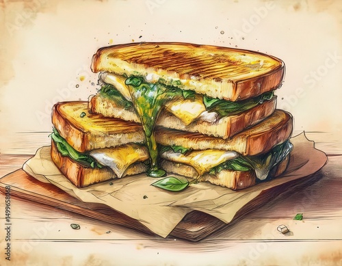 Three grilled cheese sandwiches with melted cheese and spinach are stacked on parchment on a wooden surface. Generative AI.