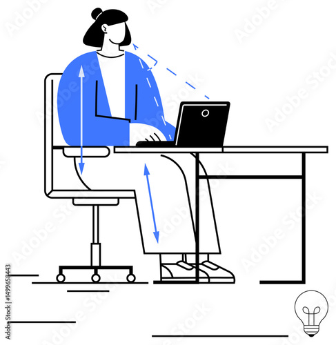 Female office worker seated at desk typing on laptop with arrows illustrating ergonomic posture tips. Ideal for workplace productivity, ergonomics, office setup, posture check, work environment