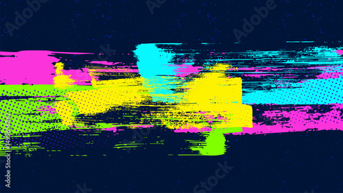 Dark blue background with multi-colored reflective brush strokes in the center.