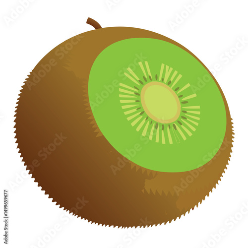 A single kiwi fruit with fuzzy brown skin and green flesh