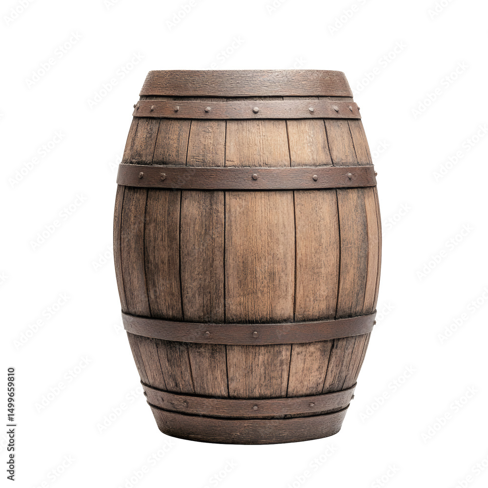 Fototapeta premium Isolated weathered wine barrel on transparent background rustic wood grain detail for creative projects
