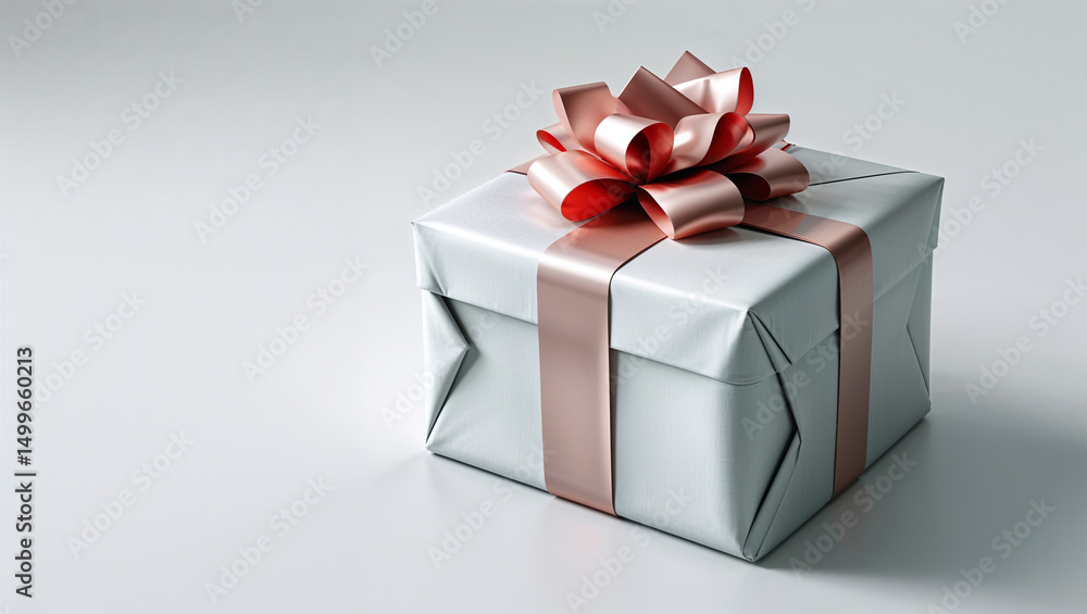 Obraz premium Close up of a white gift box with a pink ribbon and bow on a white surface in a studio shot