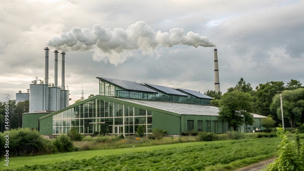 Obraz premium Industrial Plant with Emission Stacks and Solar Panels