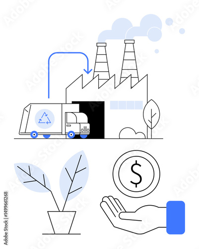 Recycling truck unloading at factory with emission chimneys, leafy plants, coin in hand, and eco-friendly themes. Ideal for sustainability, waste management, industry, green economy