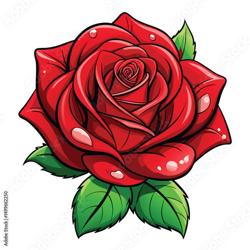 A vibrant red rose with dew covered petals and intensity
