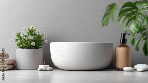 Wallpaper Mural A minimalist scene of a light gray, speckled, stone-textured bowl, a similar, slightly smaller, gray pot with a succulent plant, a brown glass pump bottle with a blank label Torontodigital.ca