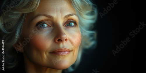 Portrait of a calm and wise woman 50 years old close-up on a clean dark background.