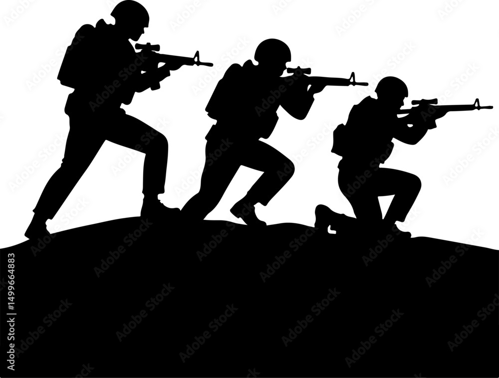 Naklejka premium Armed Soldiers in Combat Silhouette