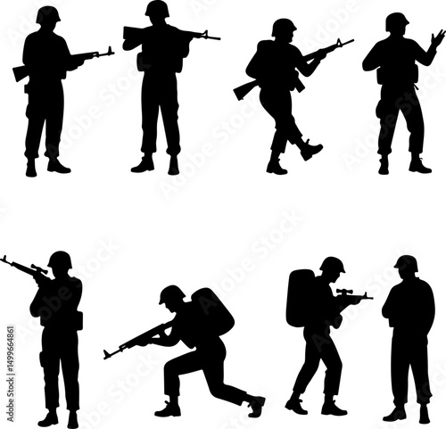 Armed Soldiers in Combat Silhouette" vector 