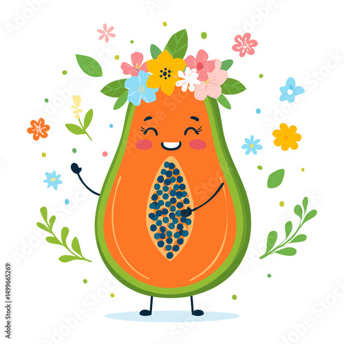 Adorable papaya character smiling with flower crown and surrounded by floral background. Perfect for kids’ nature and tropical-themed illustrations