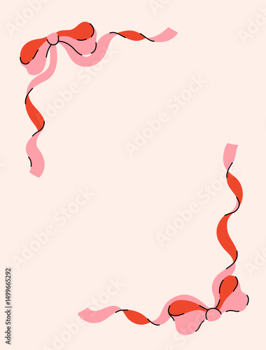 Frame of coquette pretty charming pink bows and ribbons. Hand drawn trendy ribbons border template. Vintage bowknots background for greeting cards, wedding, invitations