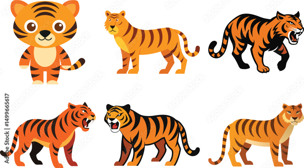 Obraz premium Tiger Mascot, Tiger Jumping, A set of Tiger jumping silhouette using flat solid black color design, vector illustration design on a white background.