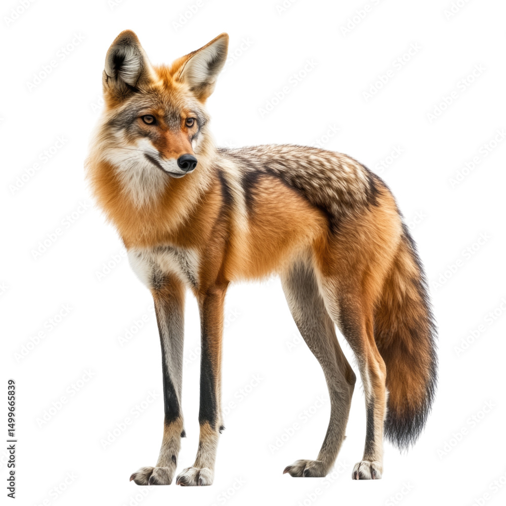 Fototapeta premium Clever coyote standing alert in natural pose, showcasing its sleek fur and sharp features, isolated on transparent background, cutout PNG