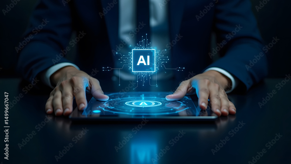 Naklejka premium Businessman holding a tablet displaying a glowing AI chip hologram. Technology, innovation, future concept.