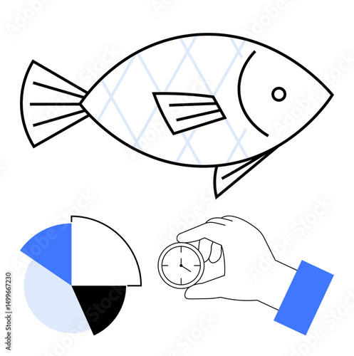 Fish design with diamond scales above segmented pie chart and hand with stopwatch. Ideal for time, productivity, seafood industry, data analysis, efficiency, sustainability, abstract flat simple