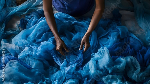 Artisan dyeing fabric with natural indigo from recycled plants, showcasing vibrant hues in soft lighting.
