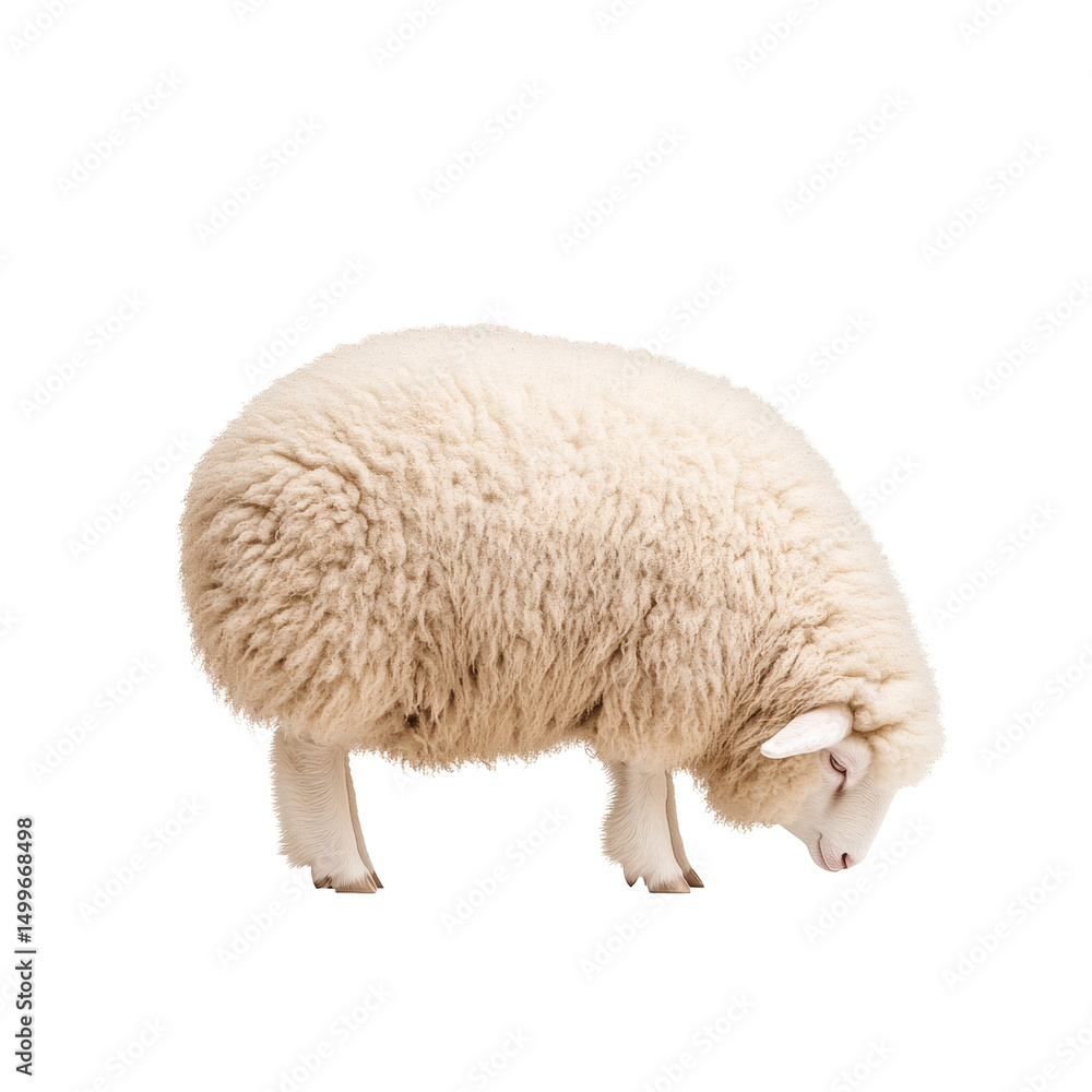 Fototapeta premium Fluffy sheep grazing in meadow transparent background nature scene close-up view