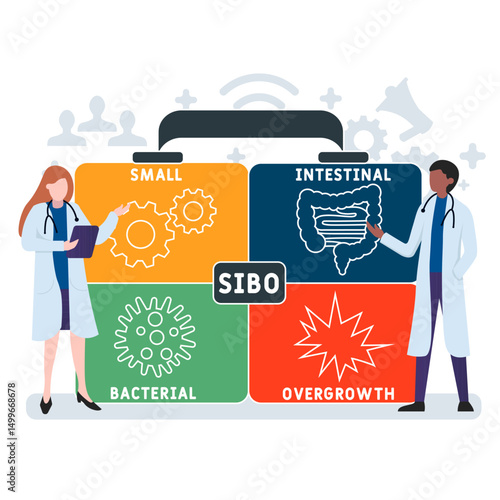 SIBO - Small Intestinal Bacterial Overgrowth acronym. medical concept background. vector illustration concept with keywords and icons. lettering illustration with icons for web banner, flyer, landing