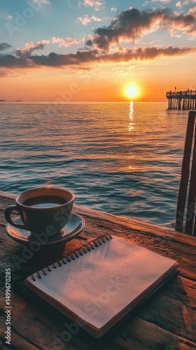 Serene sunrise view, coffee, and journal on a wooden deck.  A warm sunset paints the sky over calm ocean waves.  A cup of coffee rests beside a blank notebook